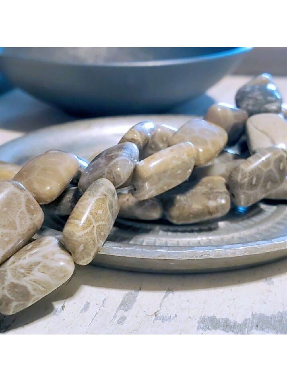 Genuine Natural Fossil Coral Puffed Rectangle Beads Tan Taupe Brown 4 pcs